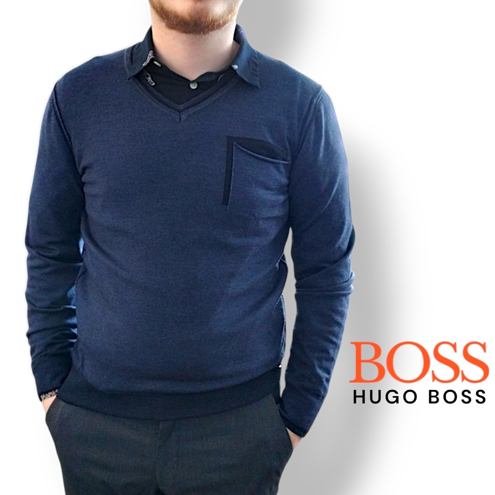 Hugo Boss Navy V-Neck Sweater for Men